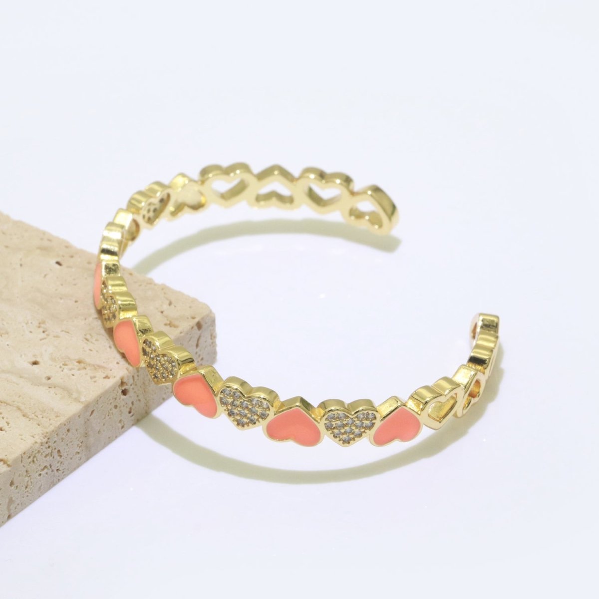 Gold Filled Open Cuff Cubic Zirconia Enamel Heart Bangle Bracelet | WA-154 to WA-162 Clearance Pricing