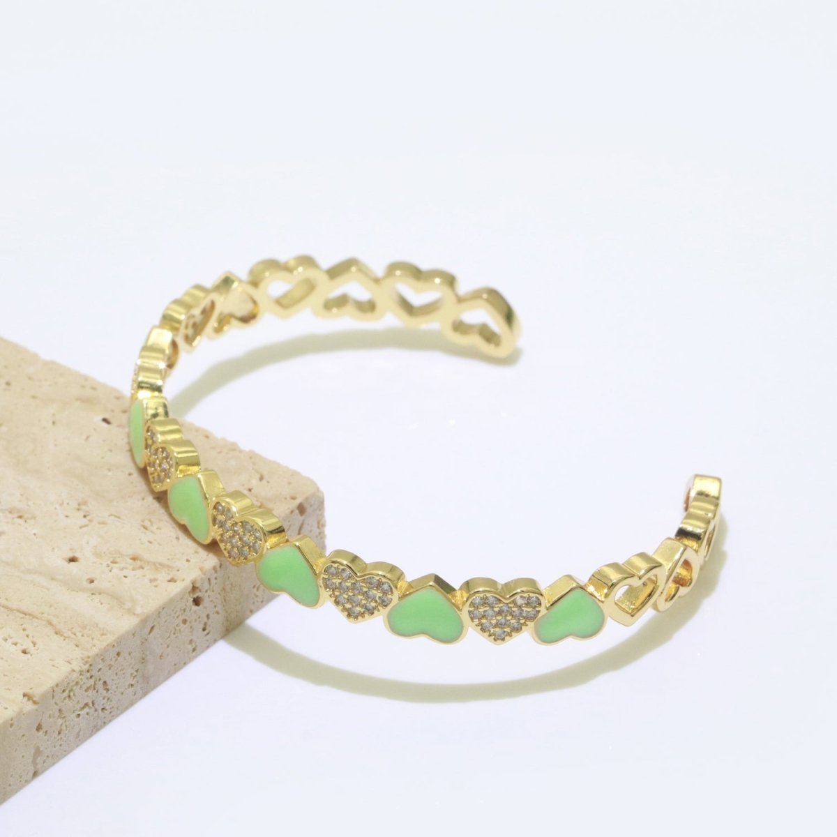 Gold Filled Open Cuff Cubic Zirconia Enamel Heart Bangle Bracelet | WA-154 to WA-162 Clearance Pricing