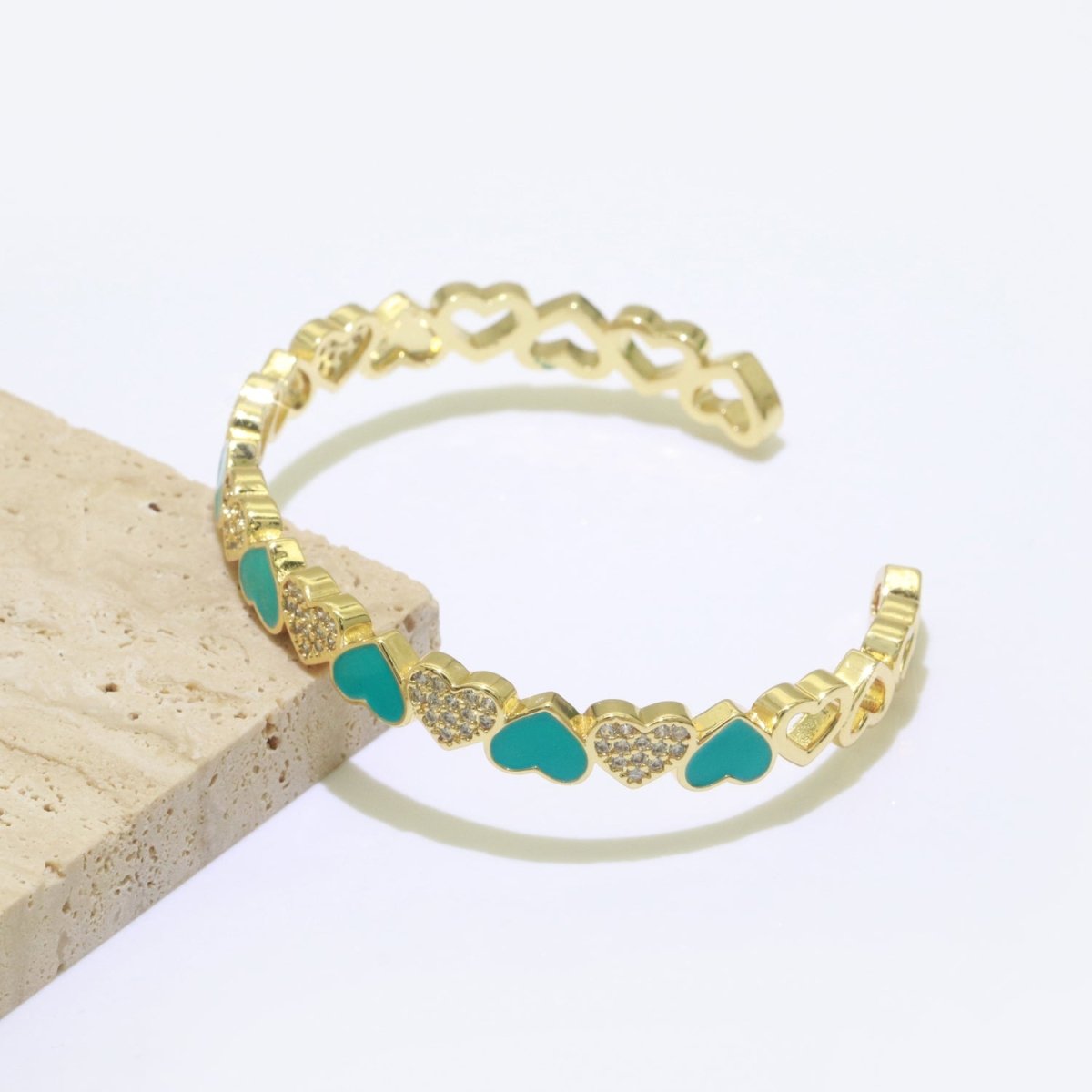 Gold Filled Open Cuff Cubic Zirconia Enamel Heart Bangle Bracelet | WA-154 to WA-162 Clearance Pricing
