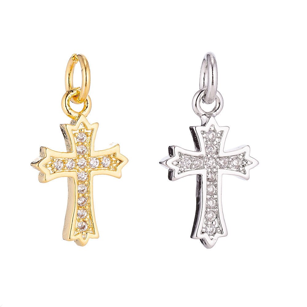 Gold Filled Ornate Cross Catholic Christian Religious Cubic Zirconia Necklace Pendant Bracelet Earring Charm for Jewelry Making C-069