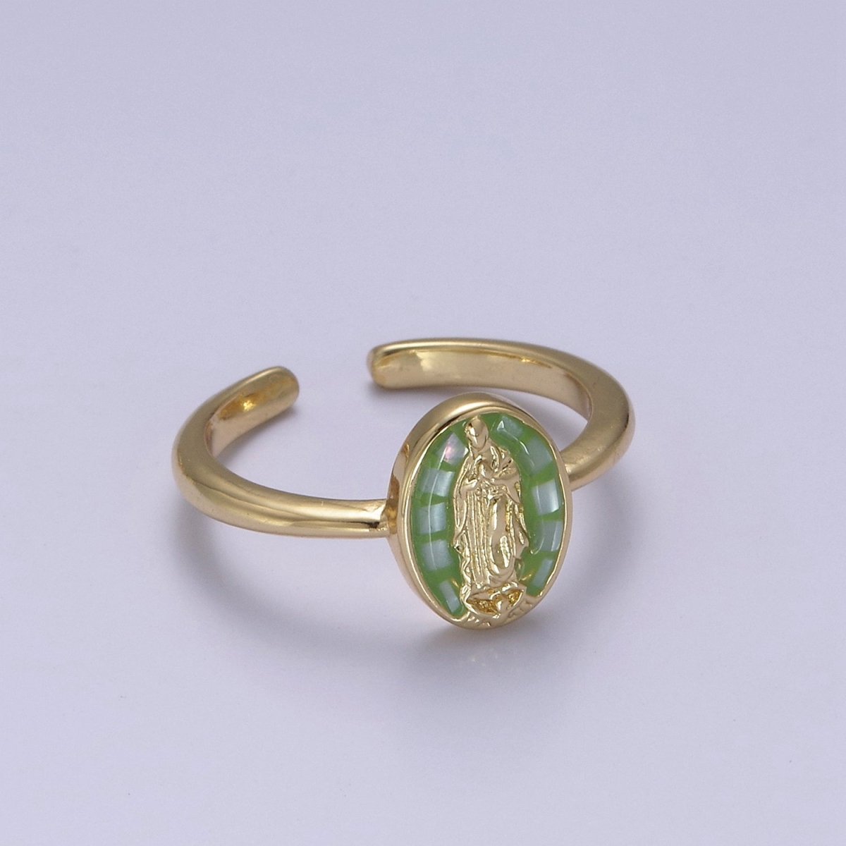 Gold Filled Oval Virgin Mother Mary Shell Opal Ring in Gold & Silver  S-397 - S-400, O-200-204
