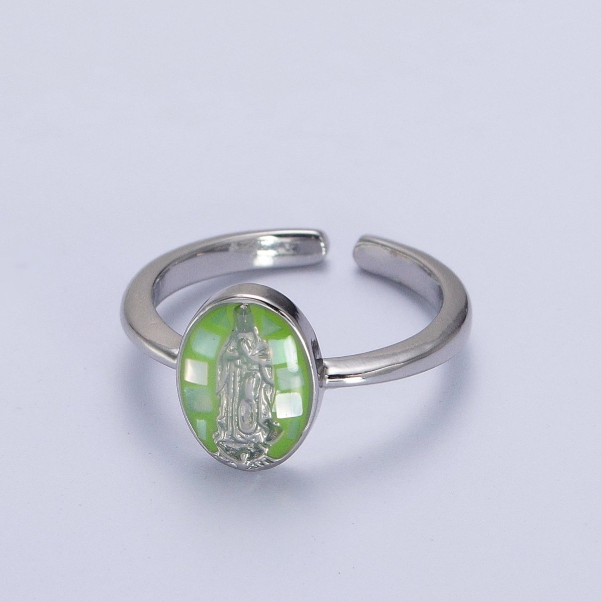 Gold Filled Oval Virgin Mother Mary Shell Opal Ring in Gold & Silver  S-397 - S-400, O-200-204