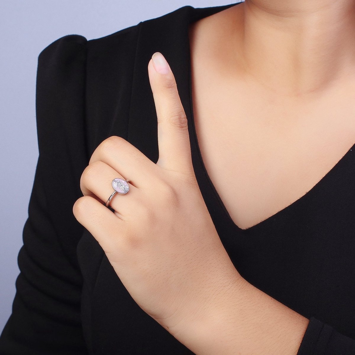 Gold Filled Oval Virgin Mother Mary Shell Opal Ring in Gold & Silver  S-397 - S-400, O-200-204