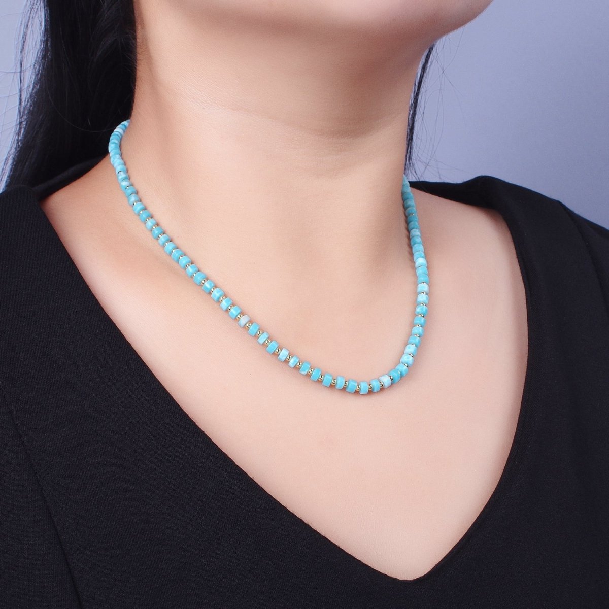 Gold Filled Peruvian Blue Opal Rondelle Heishi Gemstone Gold Spacer Beads 15.5 Inch Choker Necklace | WA-1428 Clearance Pricing - DLUXCA