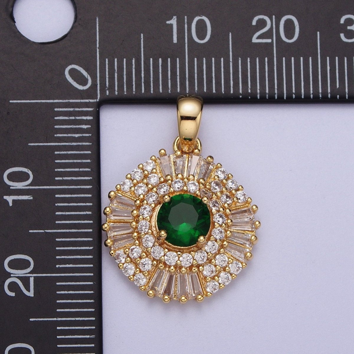 Gold Filled Pink Clear Green Cubic Zirconia Micro Paved Baguette Round Medallion Pendant For Jewelry Making | X-693 X-694 X-695