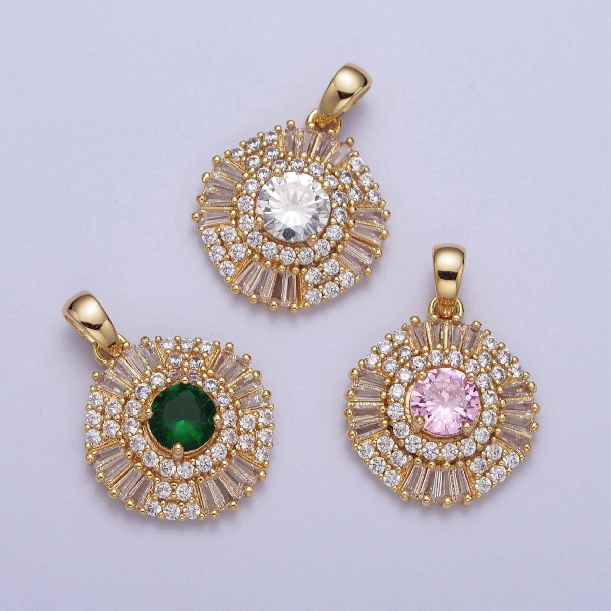 Gold Filled Pink Clear Green Cubic Zirconia Micro Paved Baguette Round Medallion Pendant For Jewelry Making | X-693 X-694 X-695
