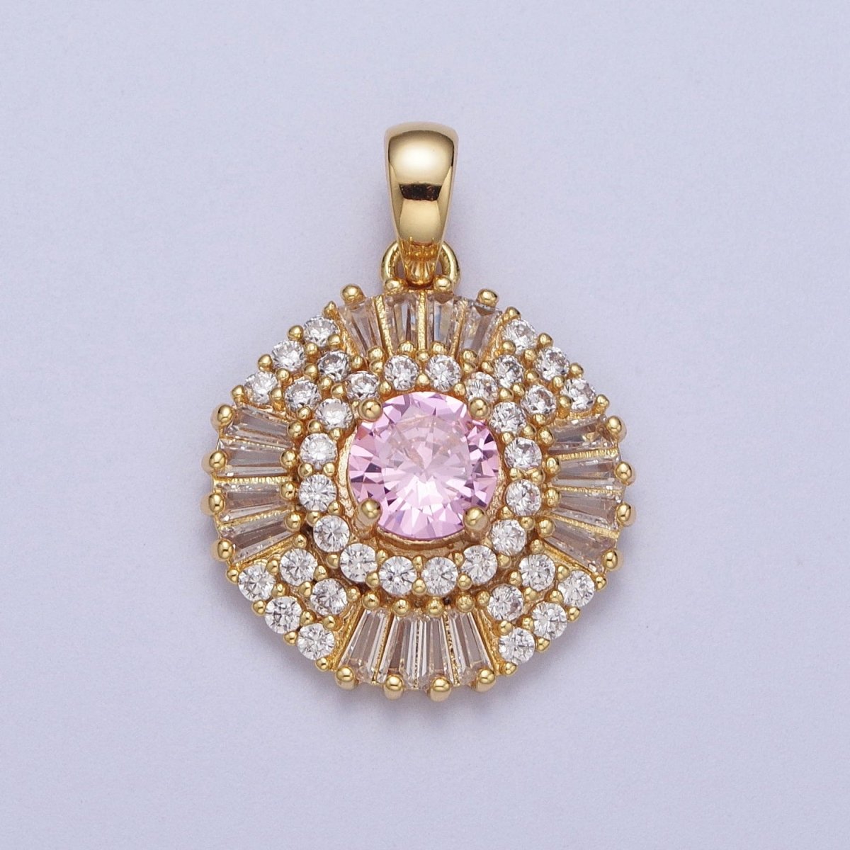 Gold Filled Pink Clear Green Cubic Zirconia Micro Paved Baguette Round Medallion Pendant For Jewelry Making | X-693 X-694 X-695