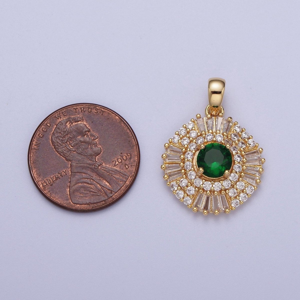 Gold Filled Pink Clear Green Cubic Zirconia Micro Paved Baguette Round Medallion Pendant For Jewelry Making | X-693 X-694 X-695