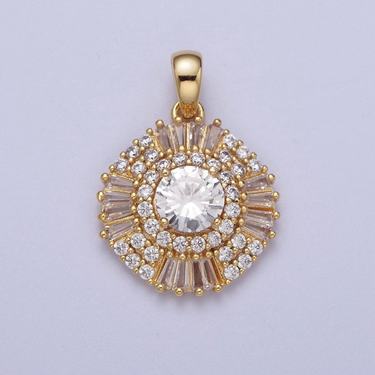 Gold Filled Pink Clear Green Cubic Zirconia Micro Paved Baguette Round Medallion Pendant For Jewelry Making | X-693 X-694 X-695