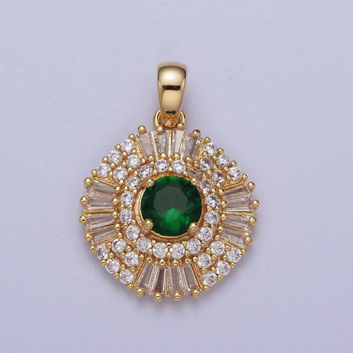 Gold Filled Pink Clear Green Cubic Zirconia Micro Paved Baguette Round Medallion Pendant For Jewelry Making | X-693 X-694 X-695