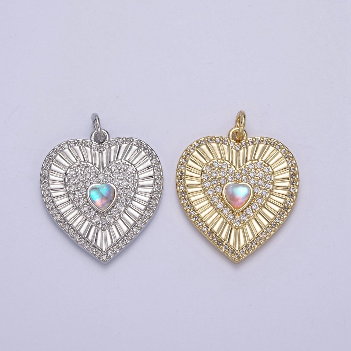 Gold Filled Radial Heart Charm Necklace, Rainbow Moonstone Sunburst Gold Pendant, Dainty Heart Love Valentine Gift Necklace Supply N-765