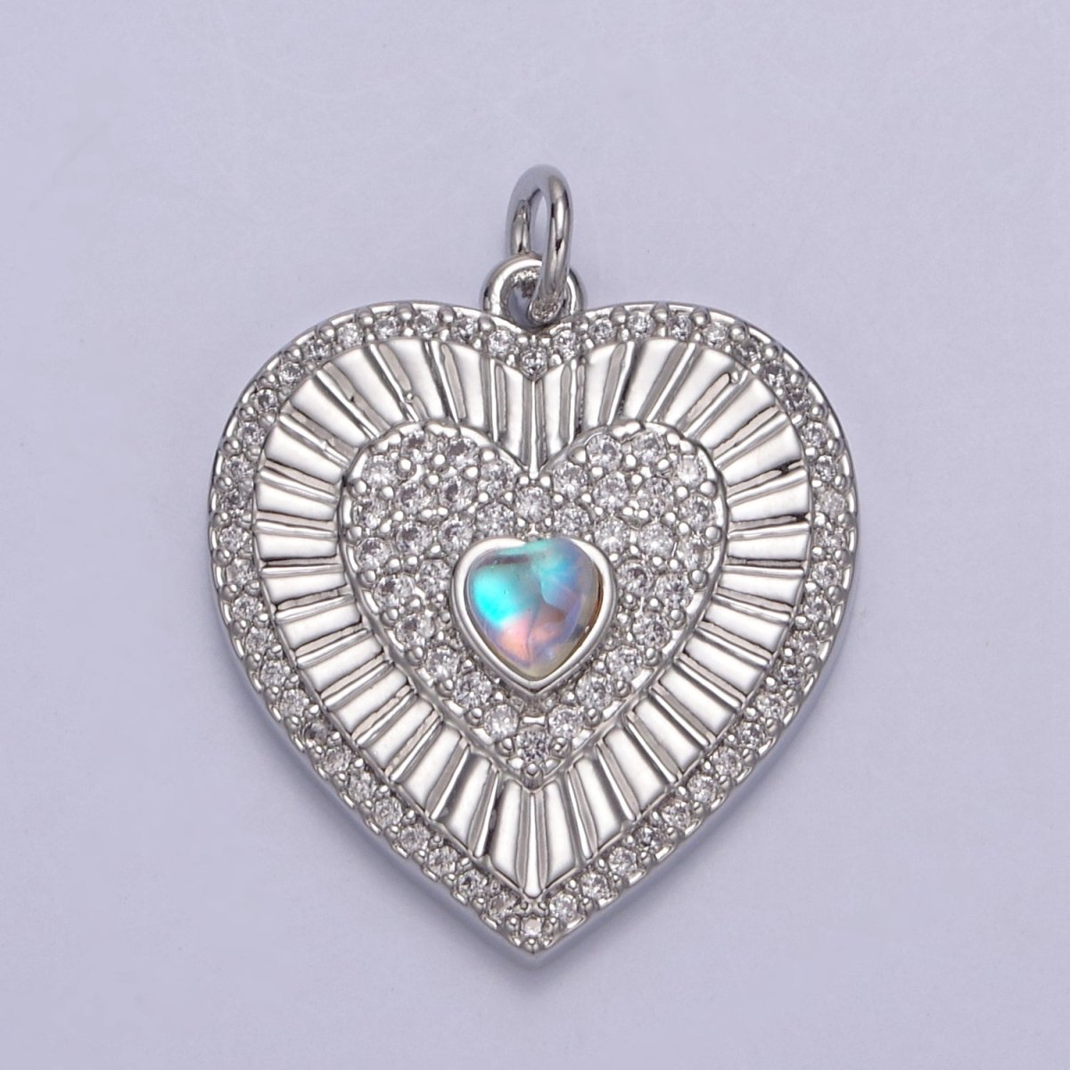 Gold Filled Radial Heart Charm Necklace, Rainbow Moonstone Sunburst Gold Pendant, Dainty Heart Love Valentine Gift Necklace Supply N-765