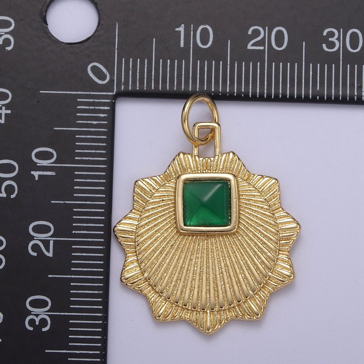 Gold Filled Radial Sun Charm Necklace, Emerald Green Sunburst Gold Celestial Pendant, Dainty Medallion Necklace Supply N-396 - DLUXCA