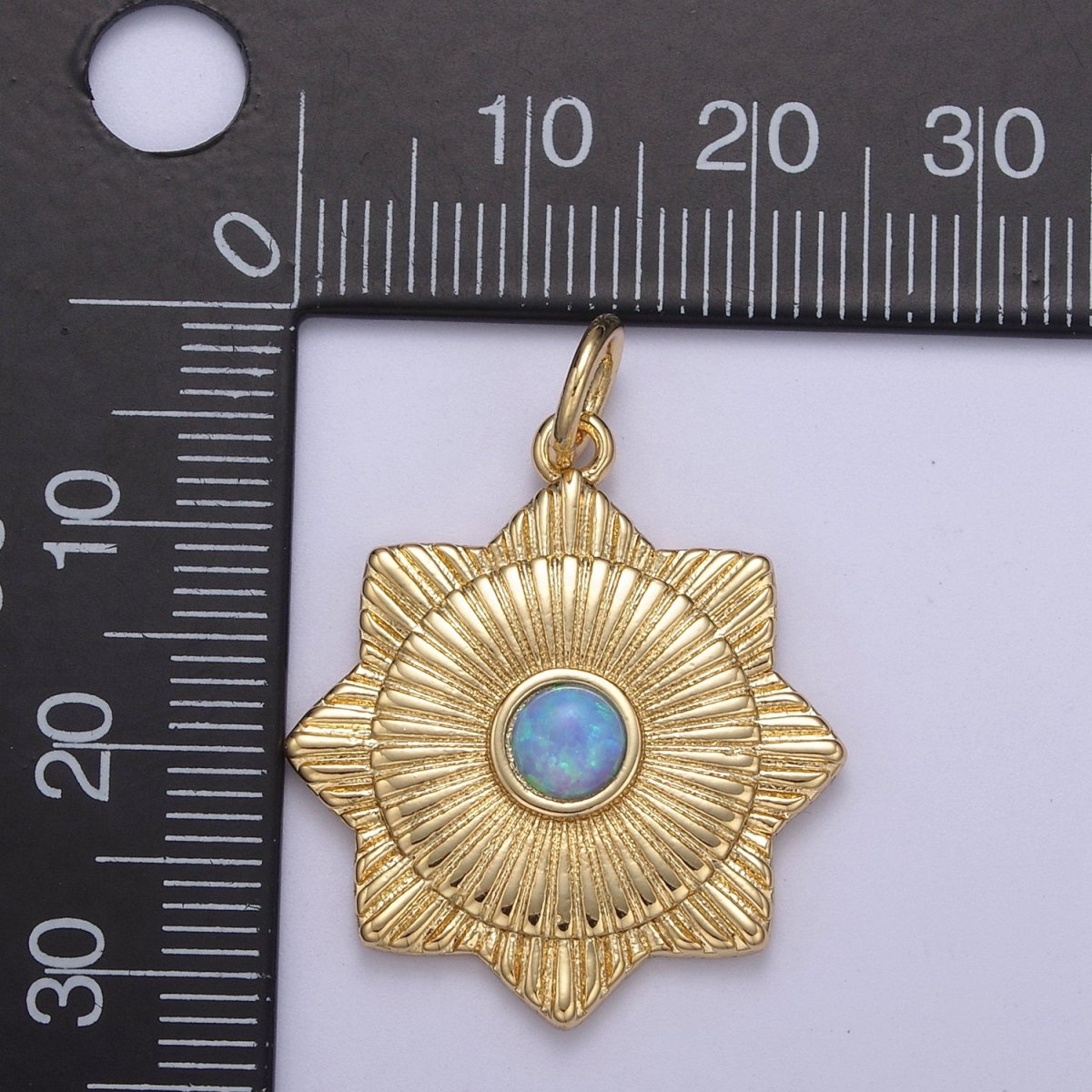 Gold Filled Radial Sun Charm Necklace, Opal Sunburst Gold Celestial Pendant, Dainty Medallion Necklace Supply N-397