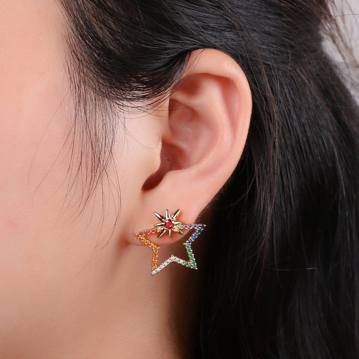Gold Filled Rainbow Big Star Dangle Stud Earring Micro Pave CZ Cubic Zirconia Earrings Supply for Jewelry Making Q-178 - DLUXCA