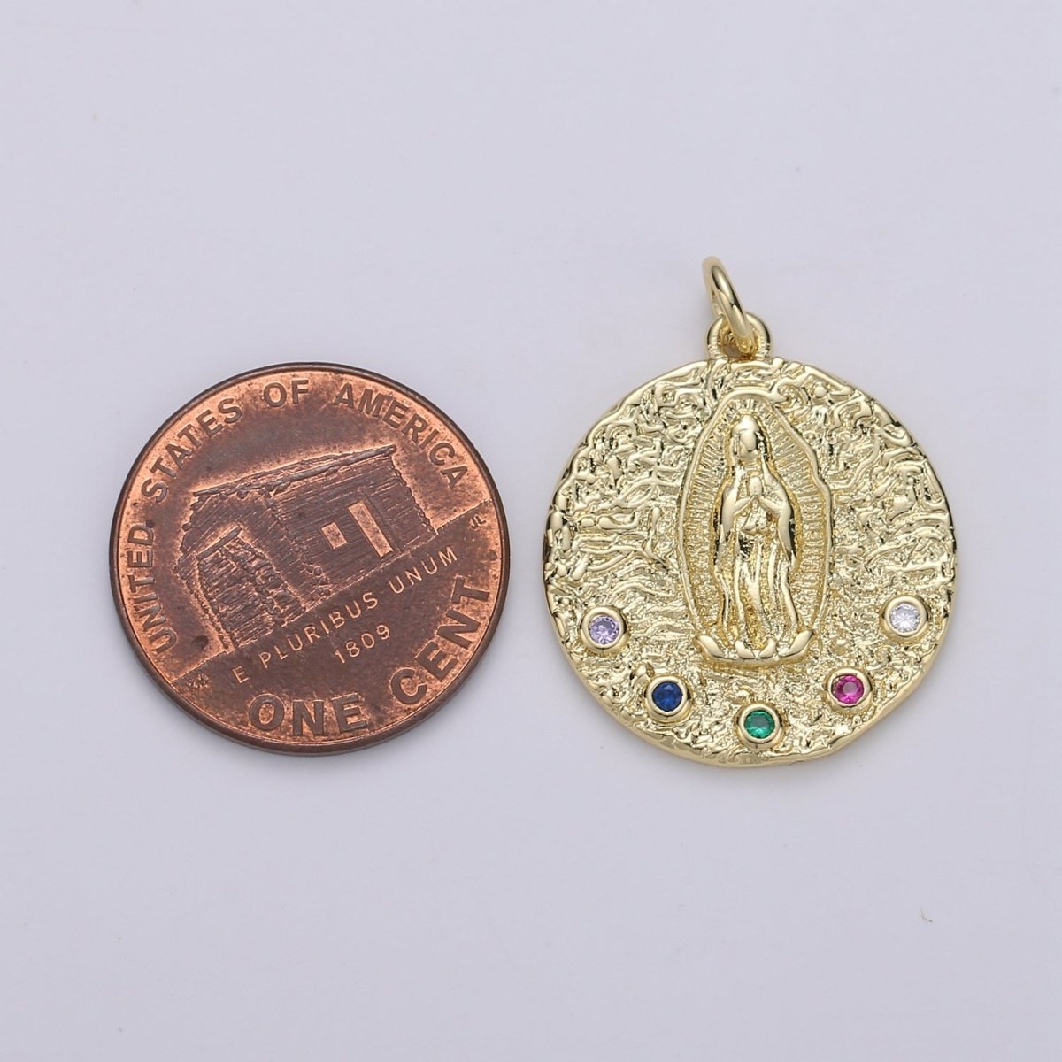Gold Filled Rainbow Crystal Holy Mary Coin Charm D-872 - DLUXCA