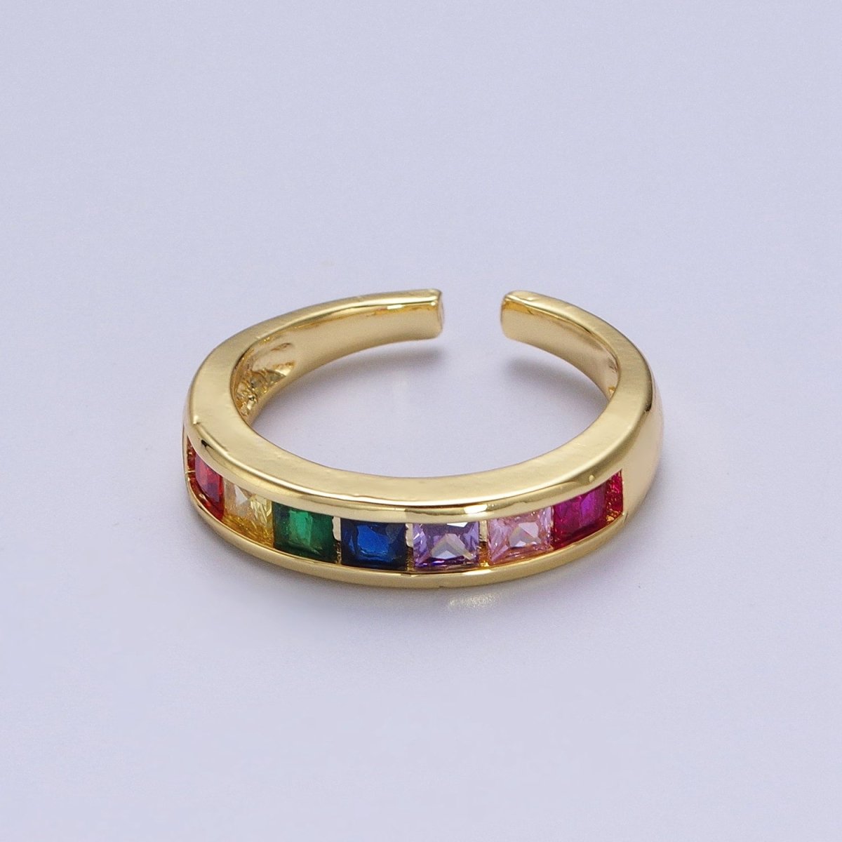 OS Gold Filled Rainbow Multicolor Square Baguette CZ Lined Band Ring | O-158