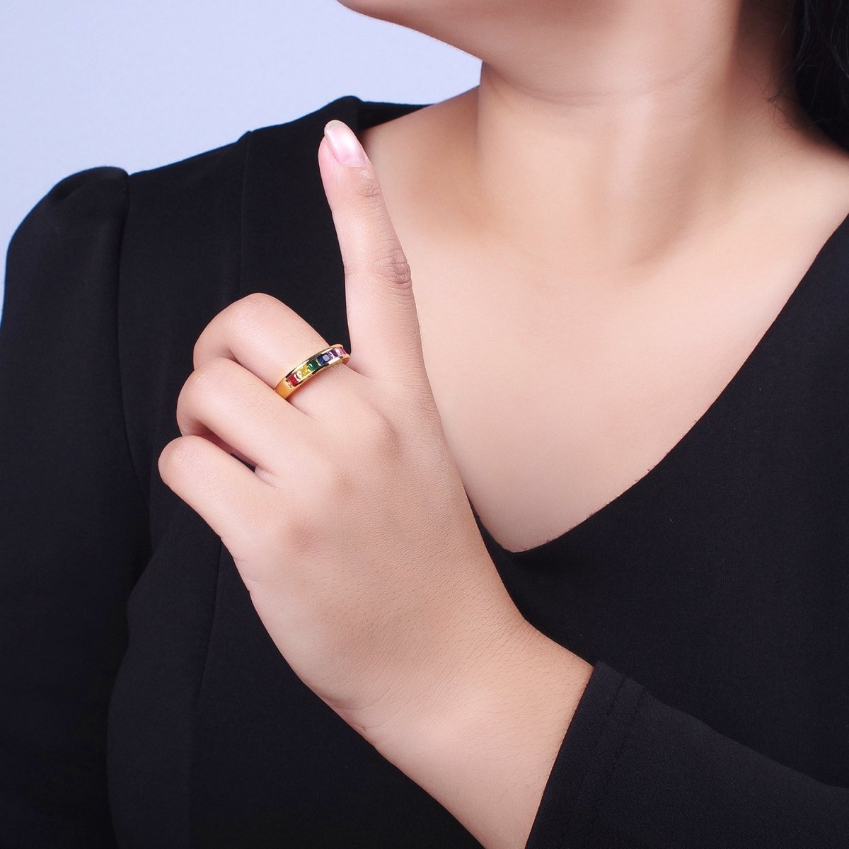 OS Gold Filled Rainbow Multicolor Square Baguette CZ Lined Band Ring | O-158