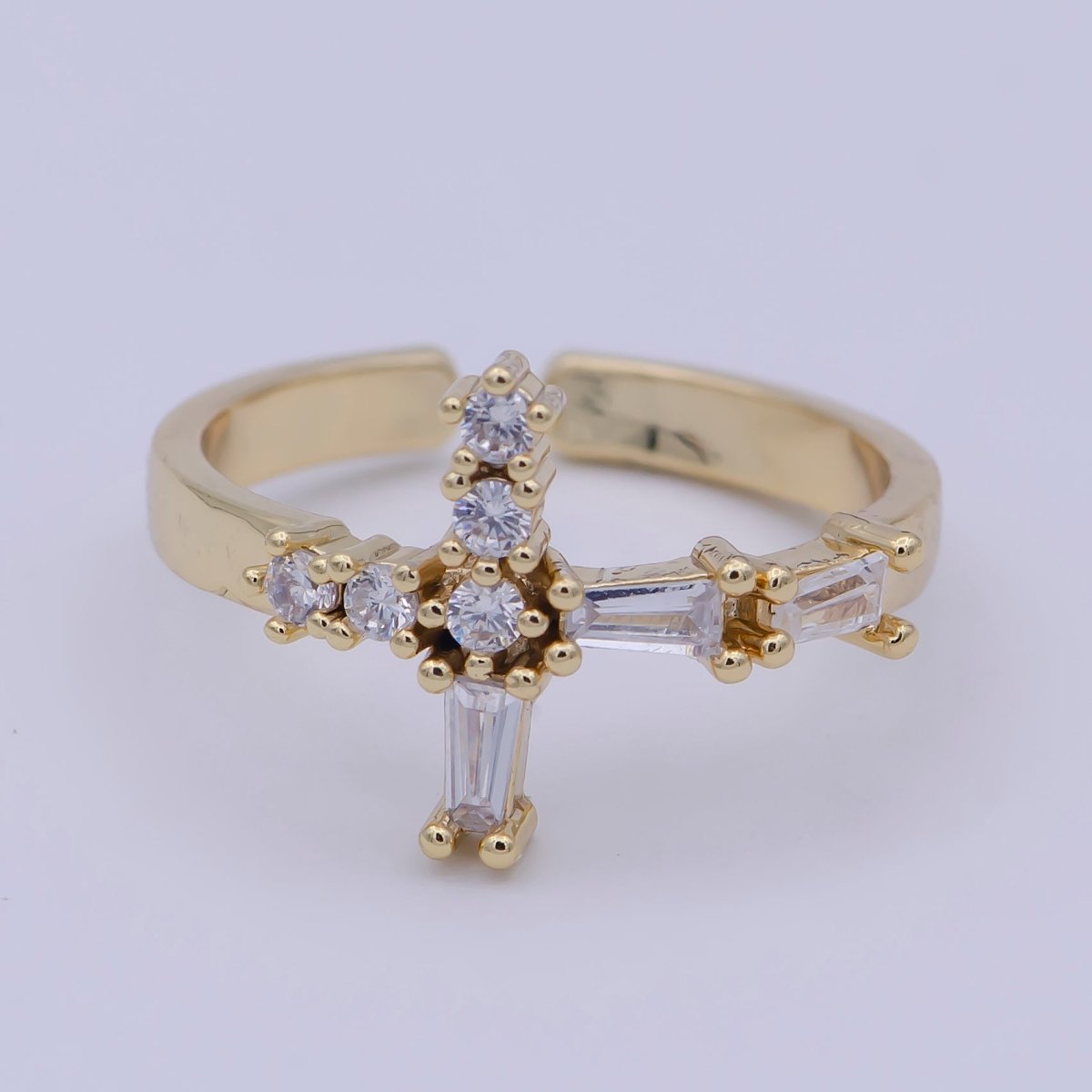 Gold Filled Religious Catholic Christian Cross Open, Adjustable Ring with Crystal Zirconia CZ in 24K/14K Gold | U-381 U-427