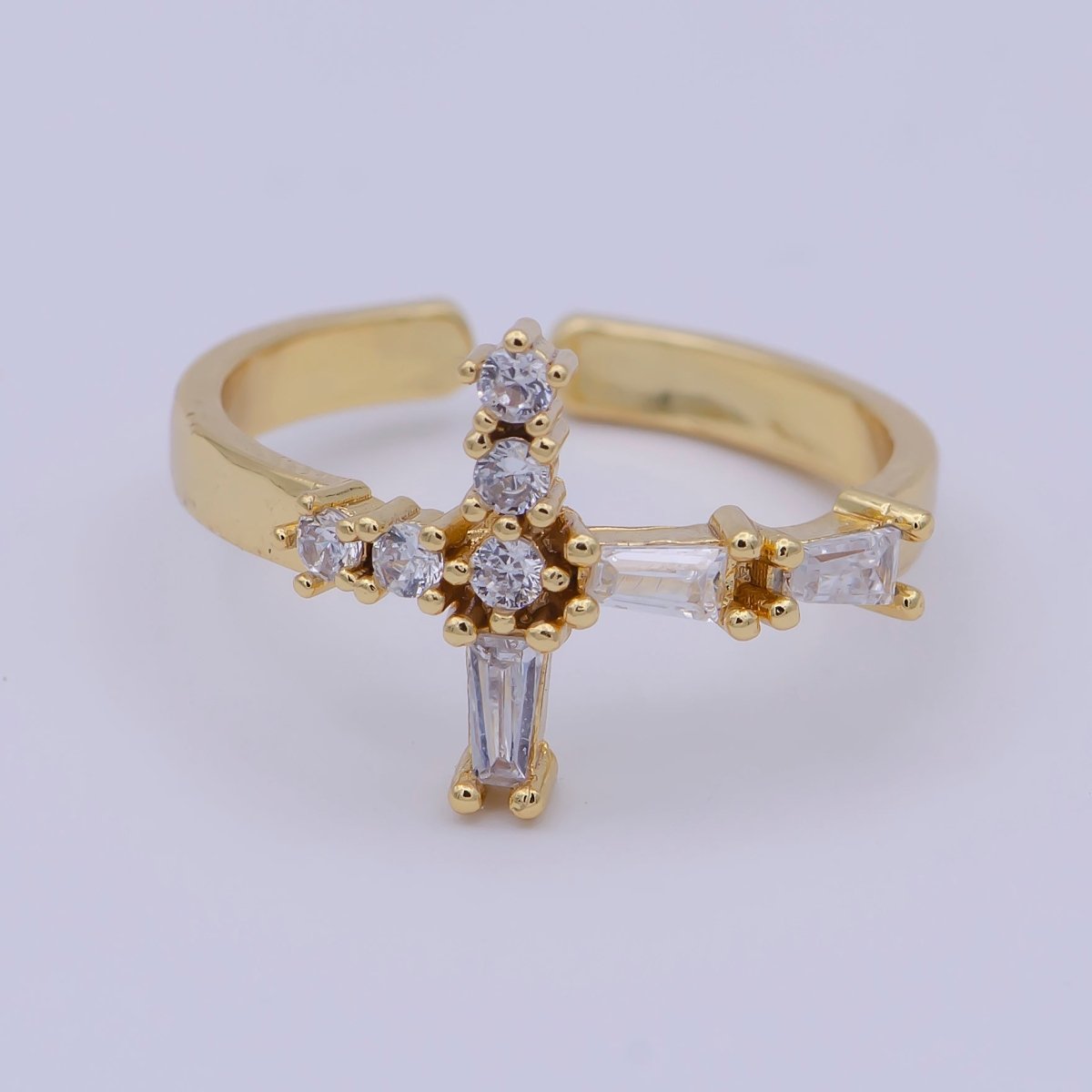 Gold Filled Religious Catholic Christian Cross Open, Adjustable Ring with Crystal Zirconia CZ in 24K/14K Gold | U-381 U-427