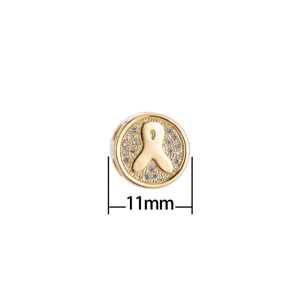 Gold Filled Round Micro Paved CZ Breast Cancer Awareness Ribbon Bead | B-028