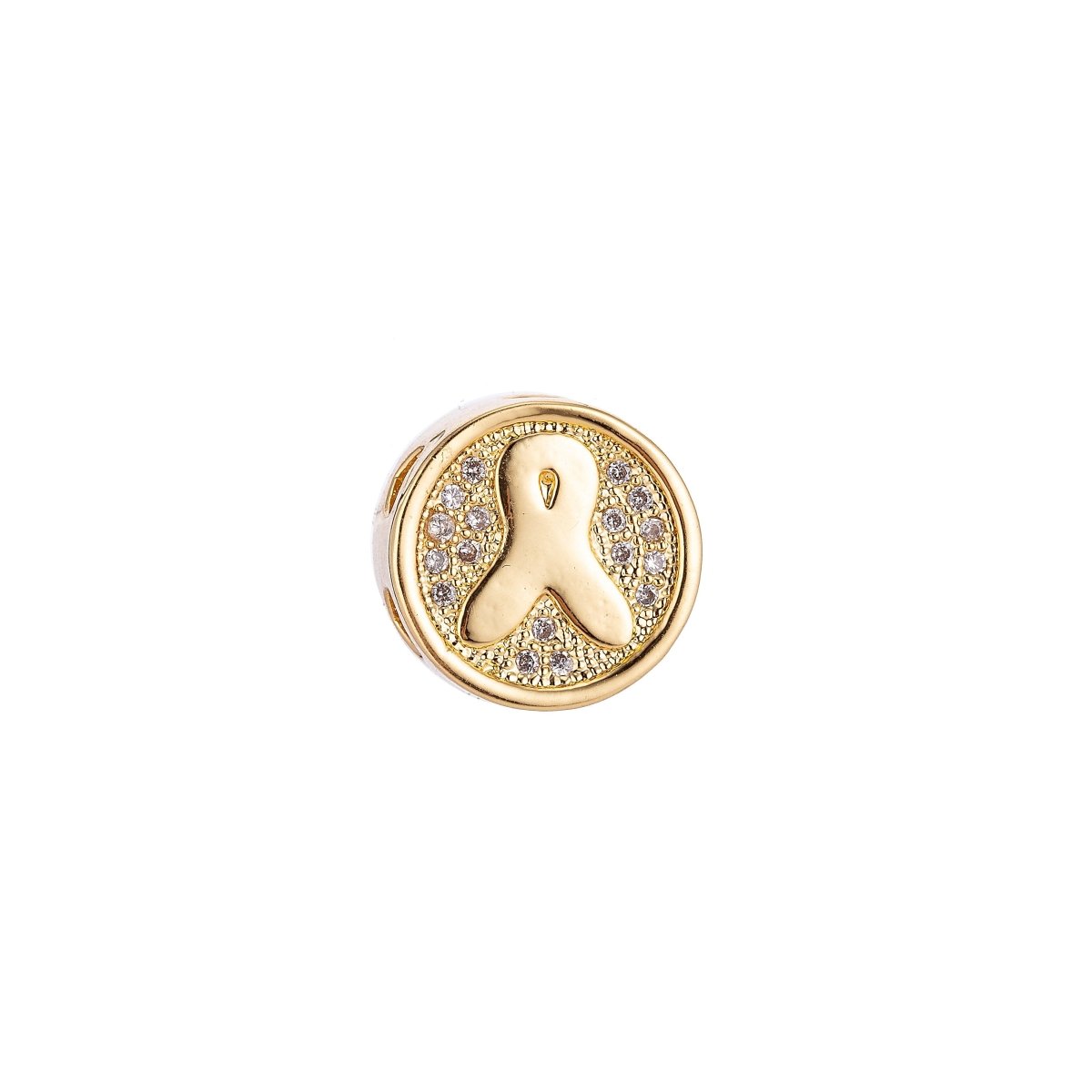 Gold Filled Round Micro Paved CZ Breast Cancer Awareness Ribbon Bead | B-028
