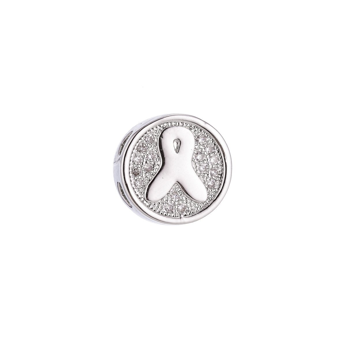 Gold Filled Round Micro Paved CZ Breast Cancer Awareness Ribbon Bead | B-028