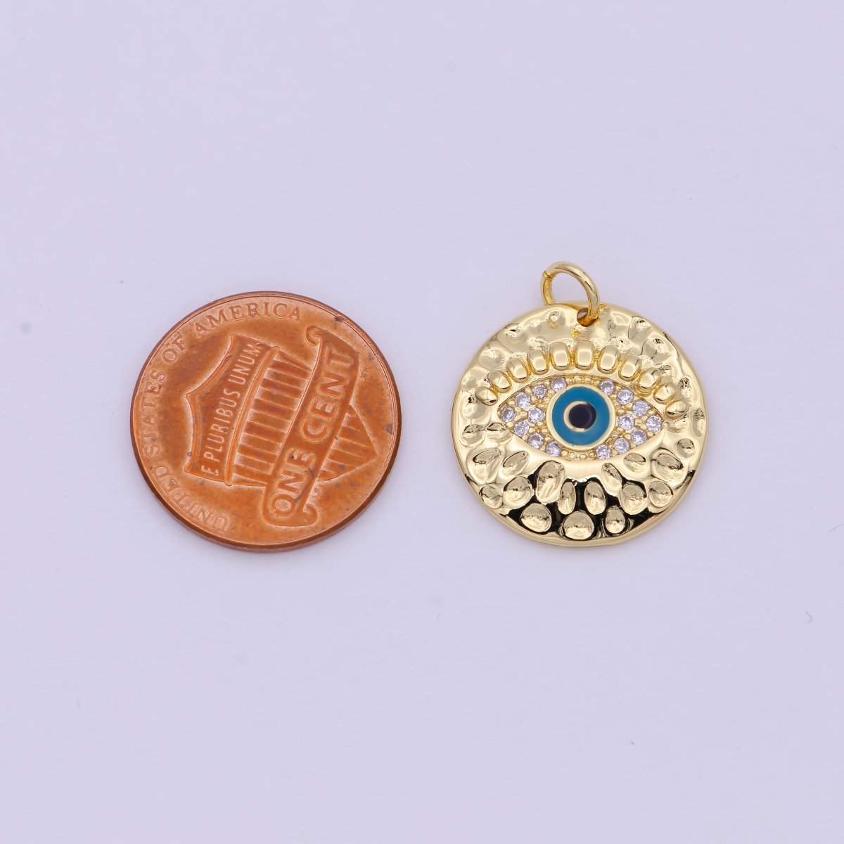 Gold Filled Rustic Hammered Micro Paved CZ Evil Eye Protection Amulet Round Charm in Gold & Silver N-241 N-242
