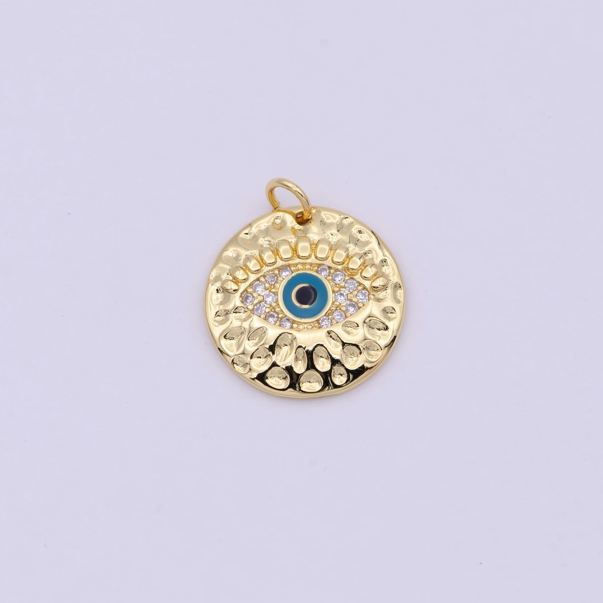 Gold Filled Rustic Hammered Micro Paved CZ Evil Eye Protection Amulet Round Charm in Gold & Silver N-241 N-242