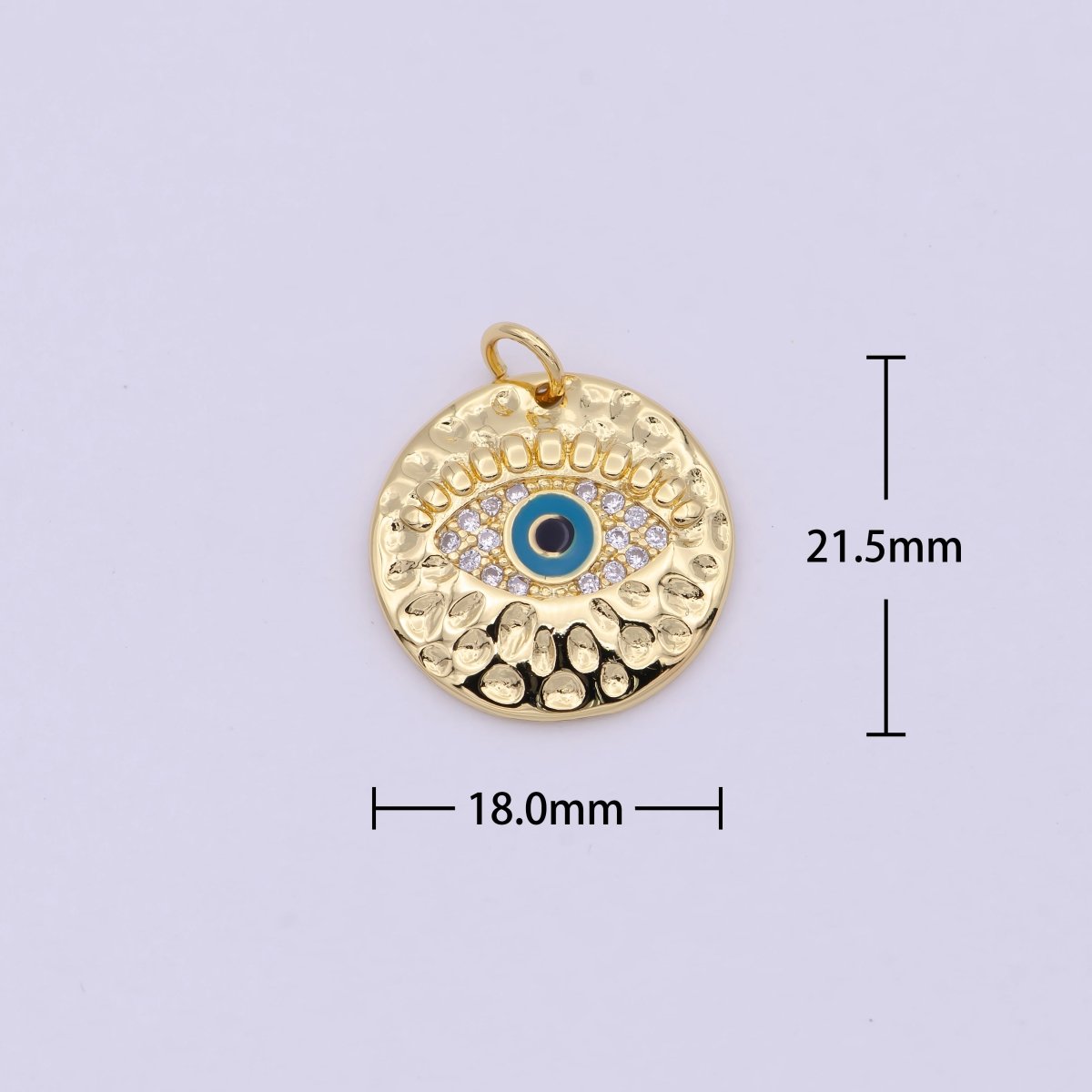 Gold Filled Rustic Hammered Micro Paved CZ Evil Eye Protection Amulet Round Charm in Gold & Silver N-241 N-242