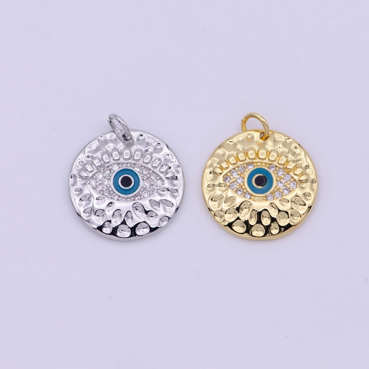 Gold Filled Rustic Hammered Micro Paved CZ Evil Eye Protection Amulet Round Charm in Gold & Silver N-241 N-242