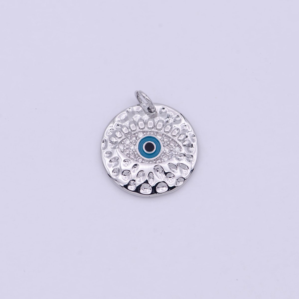 Gold Filled Rustic Hammered Micro Paved CZ Evil Eye Protection Amulet Round Charm in Gold & Silver N-241 N-242