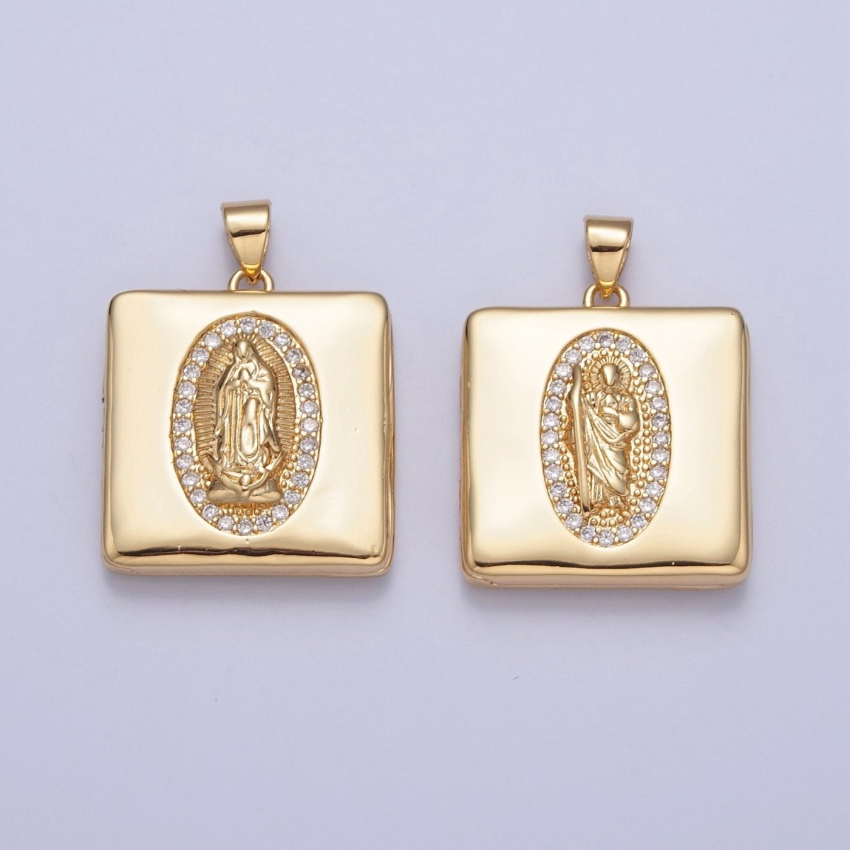 Gold Filled Saint Benedict / Virgin Mary Locket Square Tag Pendant, Micro Pave Clear Cubic Zirconia CZ Religious Jewelry H-088 H-089