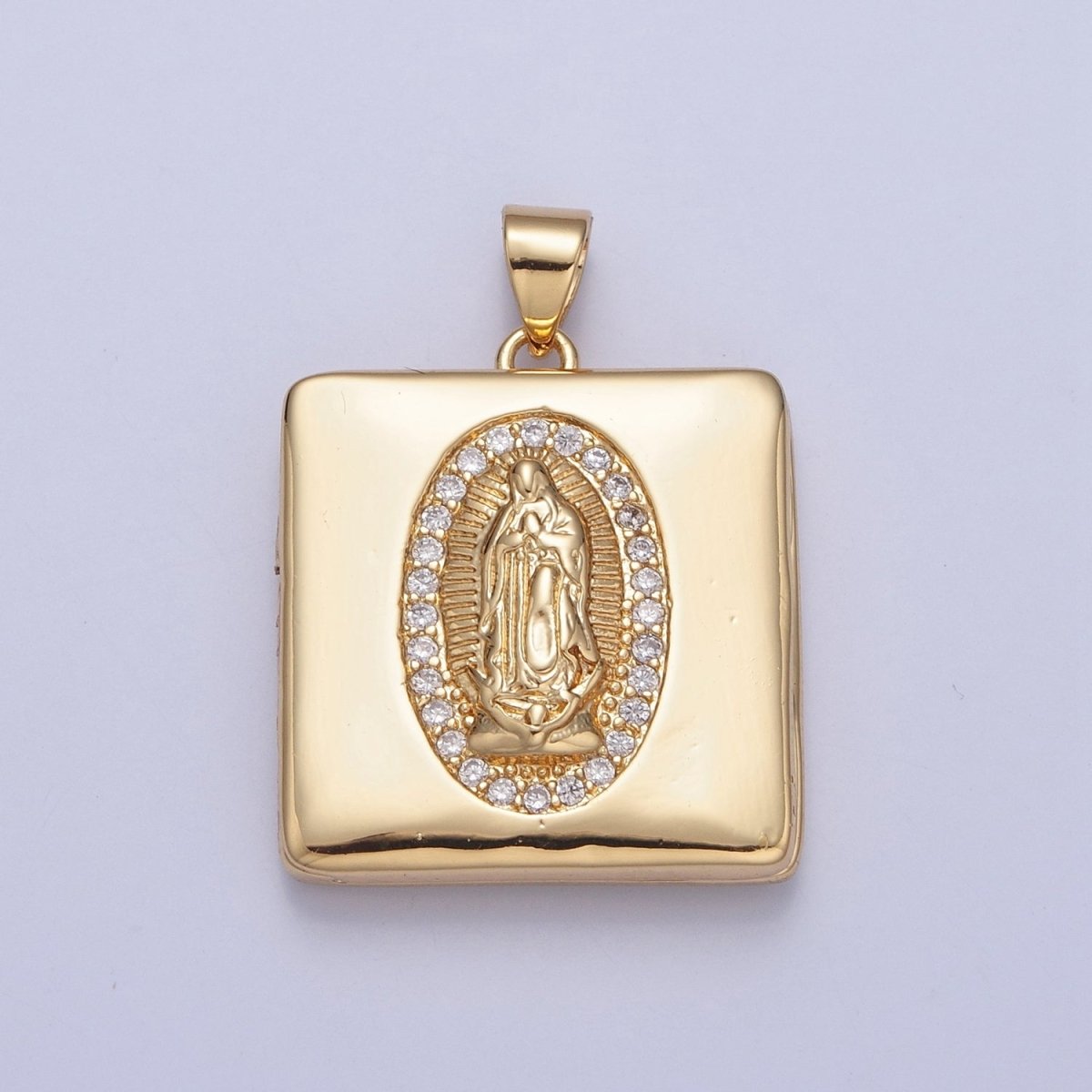 Gold Filled Saint Benedict / Virgin Mary Locket Square Tag Pendant, Micro Pave Clear Cubic Zirconia CZ Religious Jewelry H-088 H-089