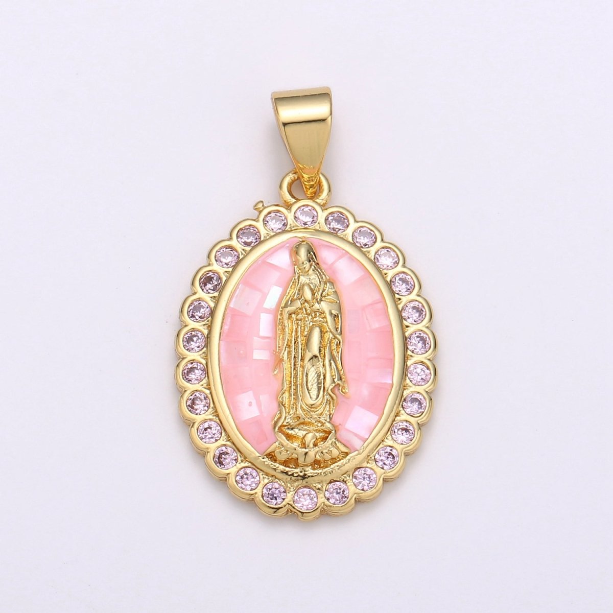 Gold Filled Shell Opal Miraculous Lady Guadalupe, Pink CZ Outline Virgin Mary Religious Oval Pendant in Gold & Silver H-057 H-059 H-172 I-778 N-583 N-584 N-621 X-479 X-480 X-481