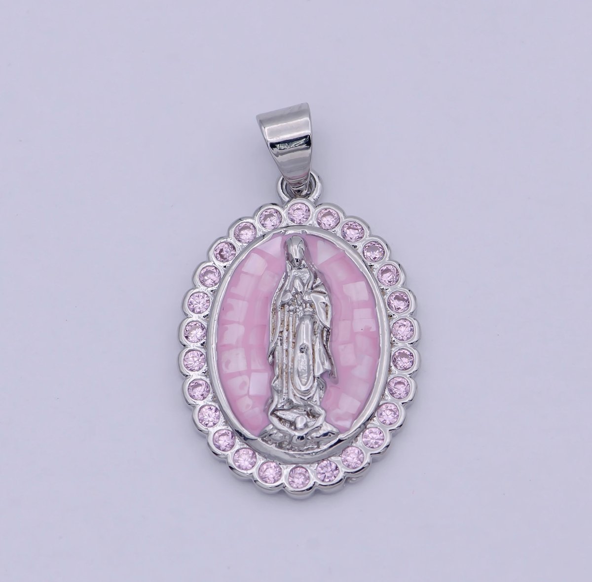 Gold Filled Shell Opal Miraculous Lady Guadalupe, Pink CZ Outline Virgin Mary Religious Oval Pendant in Gold & Silver H-057 H-059 H-172 I-778 N-583 N-584 N-621 X-479 X-480 X-481