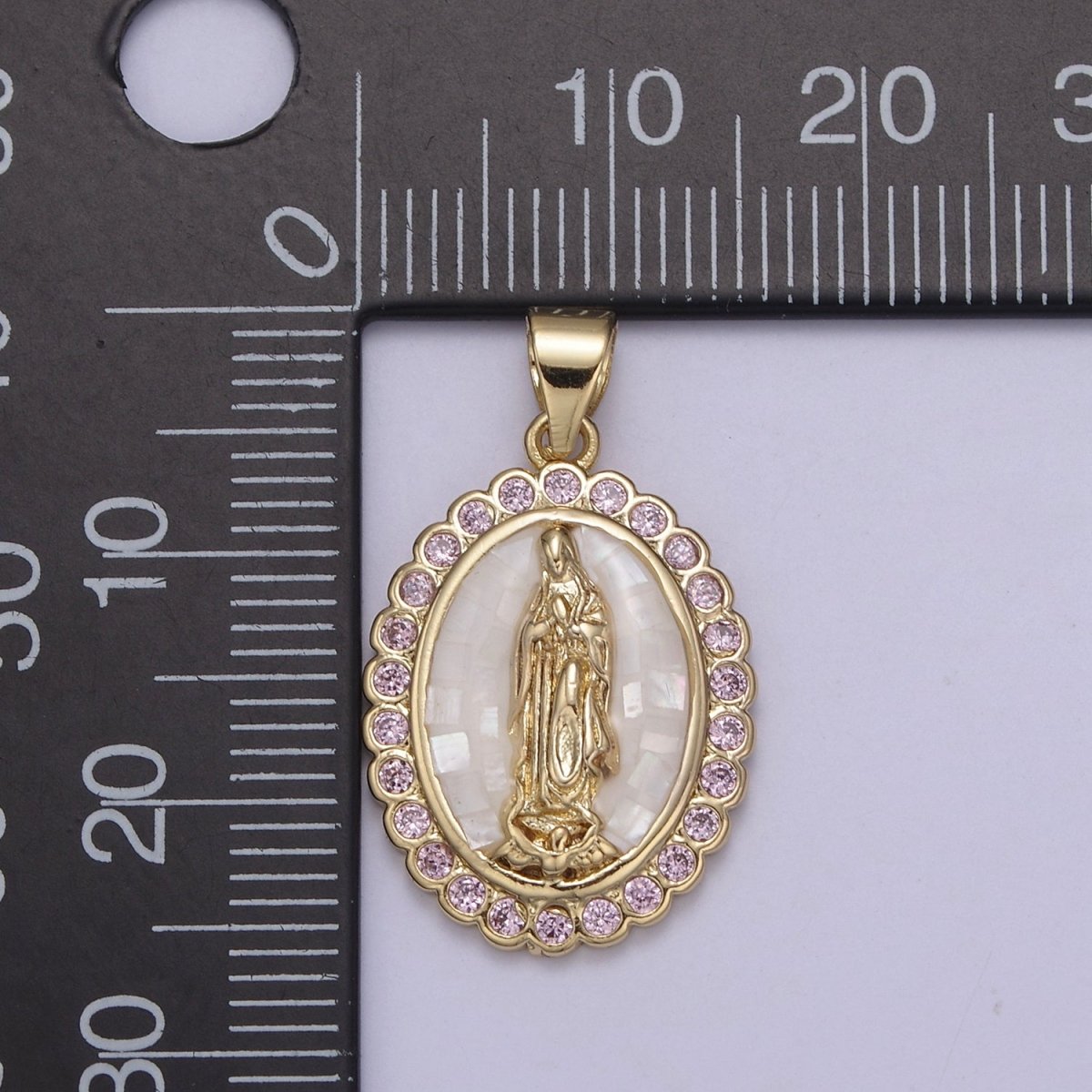 Gold Filled Shell Opal Miraculous Lady Guadalupe, Pink CZ Outline Virgin Mary Religious Oval Pendant in Gold & Silver H-057 H-059 H-172 I-778 N-583 N-584 N-621 X-479 X-480 X-481
