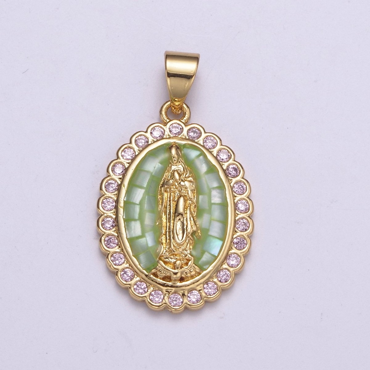 Gold Filled Shell Opal Miraculous Lady Guadalupe, Pink CZ Outline Virgin Mary Religious Oval Pendant in Gold & Silver H-057 H-059 H-172 I-778 N-583 N-584 N-621 X-479 X-480 X-481