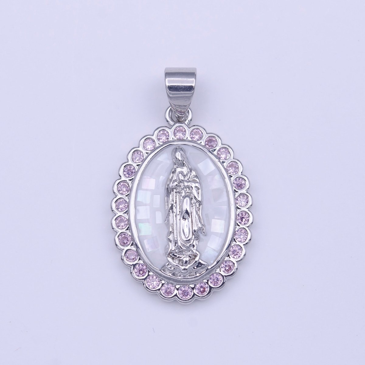 Gold Filled Shell Opal Miraculous Lady Guadalupe, Pink CZ Outline Virgin Mary Religious Oval Pendant in Gold & Silver H-057 H-059 H-172 I-778 N-583 N-584 N-621 X-479 X-480 X-481