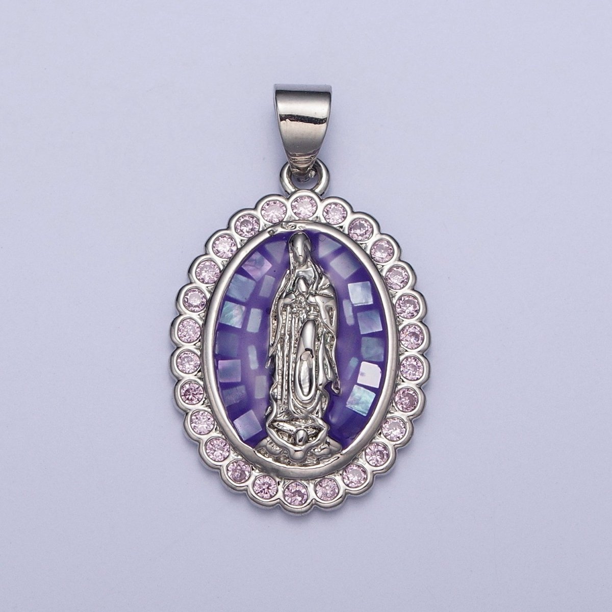 Gold Filled Shell Opal Miraculous Lady Guadalupe, Pink CZ Outline Virgin Mary Religious Oval Pendant in Gold & Silver H-057 H-059 H-172 I-778 N-583 N-584 N-621 X-479 X-480 X-481