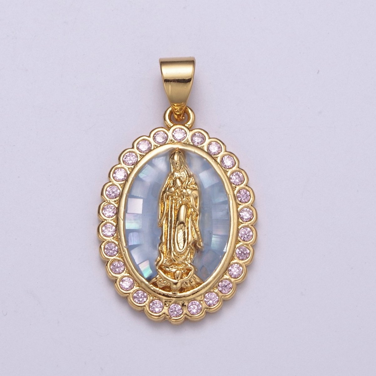 Gold Filled Shell Opal Miraculous Lady Guadalupe, Pink CZ Outline Virgin Mary Religious Oval Pendant in Gold & Silver H-057 H-059 H-172 I-778 N-583 N-584 N-621 X-479 X-480 X-481