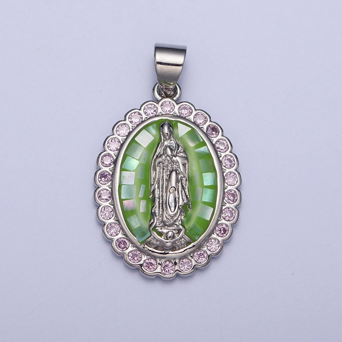 Gold Filled Shell Opal Miraculous Lady Guadalupe, Pink CZ Outline Virgin Mary Religious Oval Pendant in Gold & Silver H-057 H-059 H-172 I-778 N-583 N-584 N-621 X-479 X-480 X-481