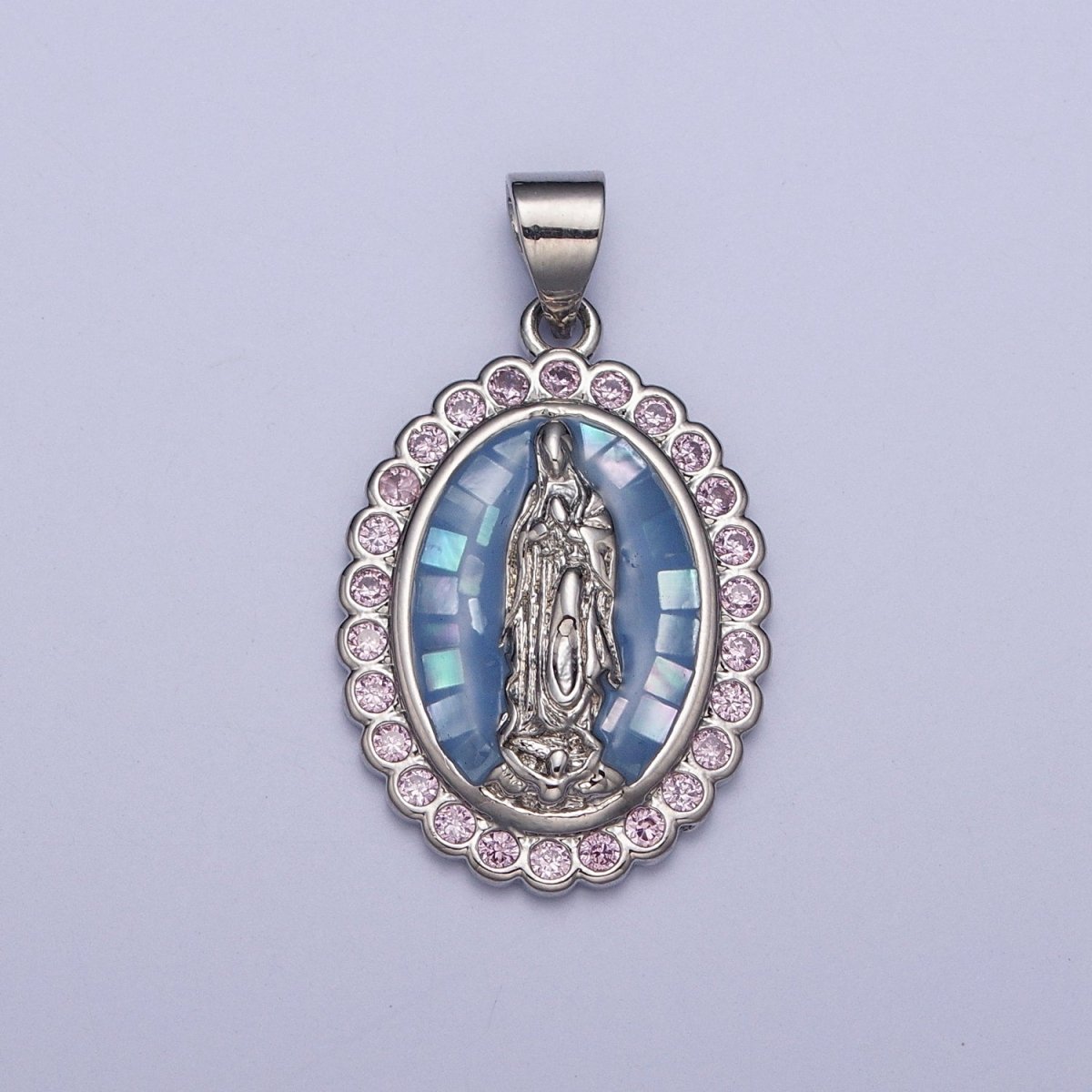 Gold Filled Shell Opal Miraculous Lady Guadalupe, Pink CZ Outline Virgin Mary Religious Oval Pendant in Gold & Silver H-057 H-059 H-172 I-778 N-583 N-584 N-621 X-479 X-480 X-481