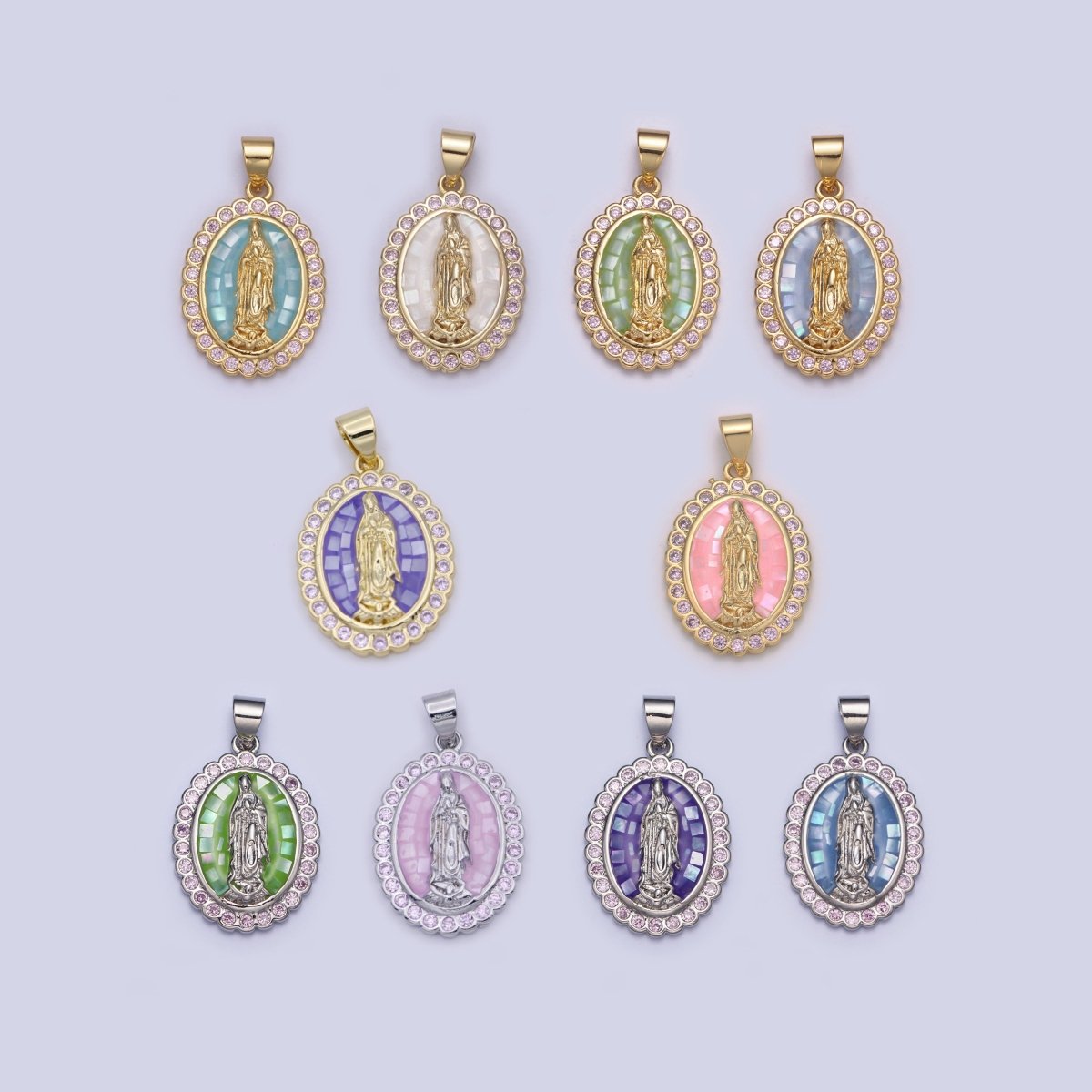 Gold Filled Shell Opal Miraculous Lady Guadalupe, Pink CZ Outline Virgin Mary Religious Oval Pendant in Gold & Silver H-057 H-059 H-172 I-778 N-583 N-584 N-621 X-479 X-480 X-481