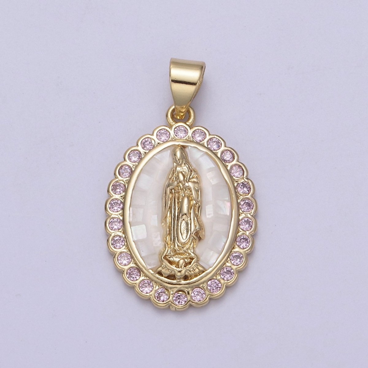 Gold Filled Shell Opal Miraculous Lady Guadalupe, Pink CZ Outline Virgin Mary Religious Oval Pendant in Gold & Silver H-057 H-059 H-172 I-778 N-583 N-584 N-621 X-479 X-480 X-481
