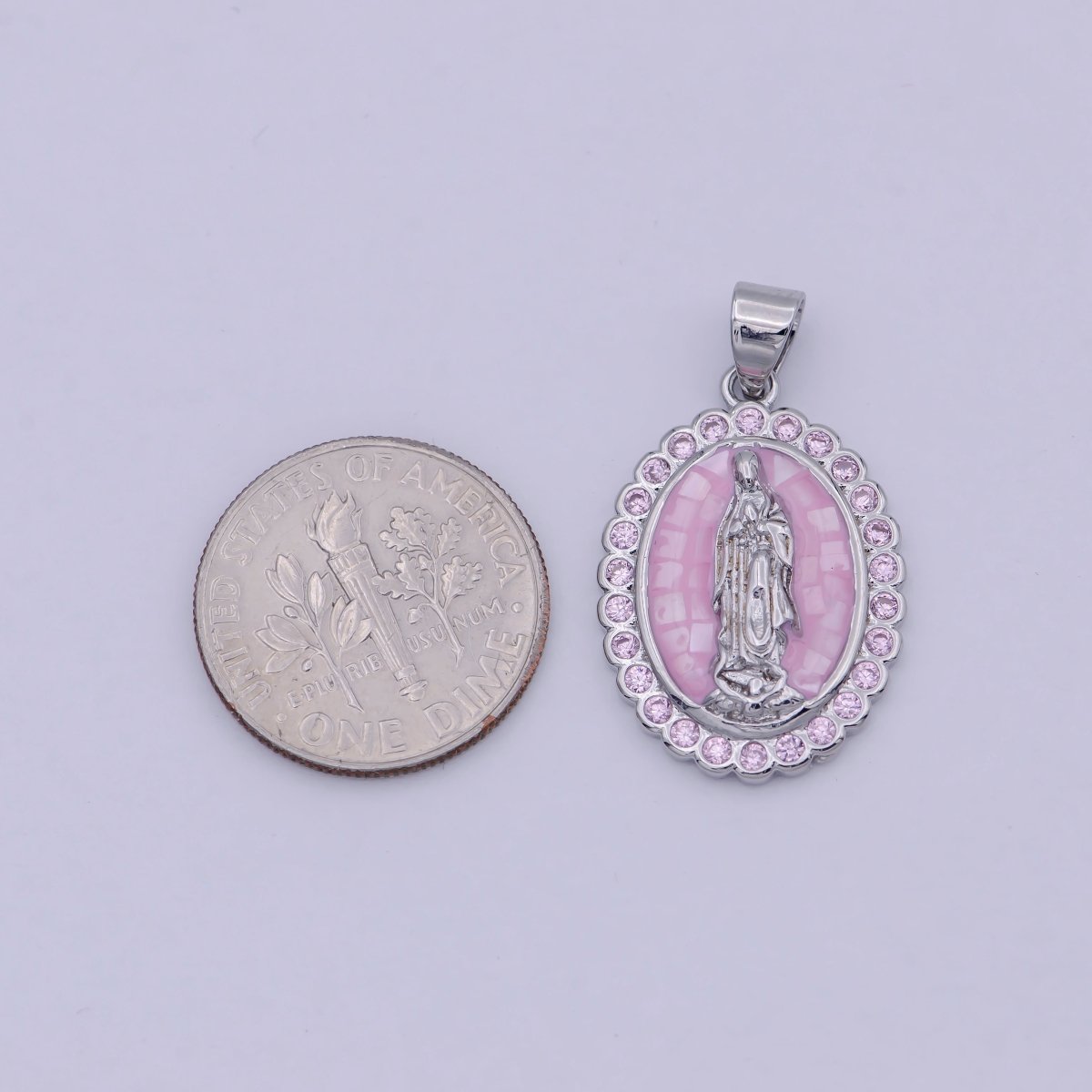 Gold Filled Shell Opal Miraculous Lady Guadalupe, Pink CZ Outline Virgin Mary Religious Oval Pendant in Gold & Silver H-057 H-059 H-172 I-778 N-583 N-584 N-621 X-479 X-480 X-481