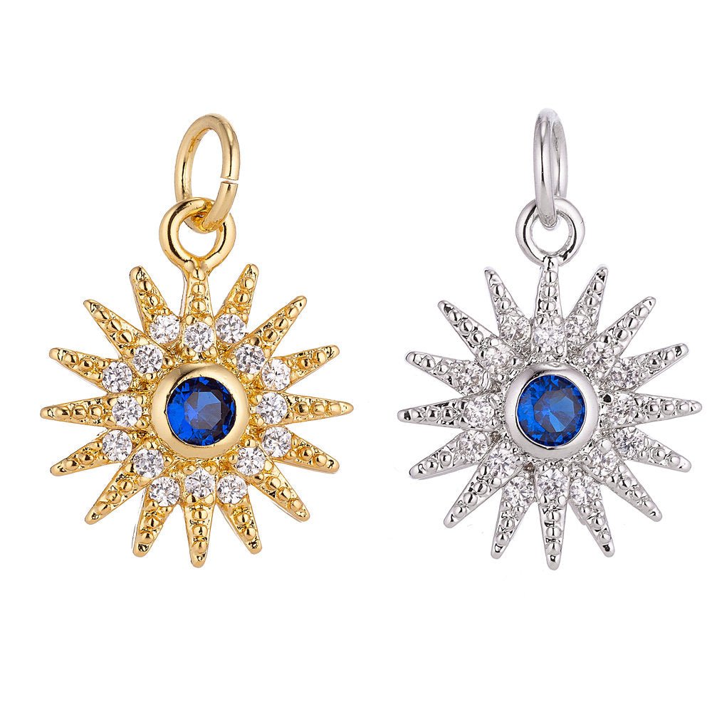 Gold Filled Shining Sun, Bright Sunny Day, Cubic Zirconia Charm Necklace Pendant Findings for Jewelry Making C-048