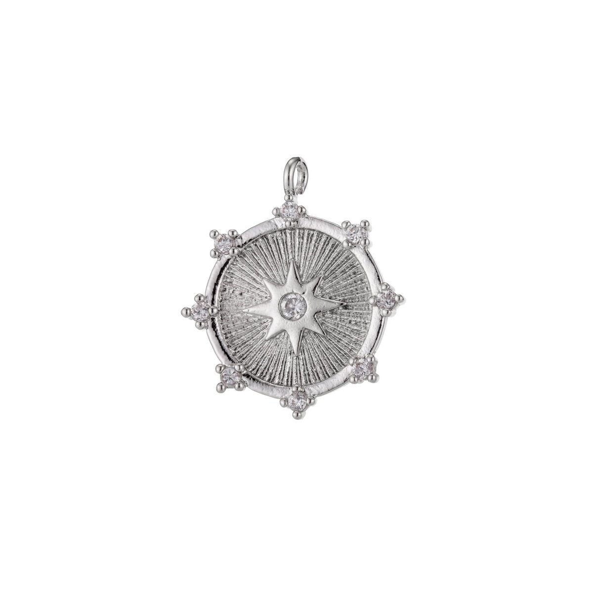 Gold Filled / Silver CZ Pave Starburst Cubic Zirconia Shooting Star North Star Coin Circle Disc Micro Pave Star Medallion Charm Pendant E-465 E-468