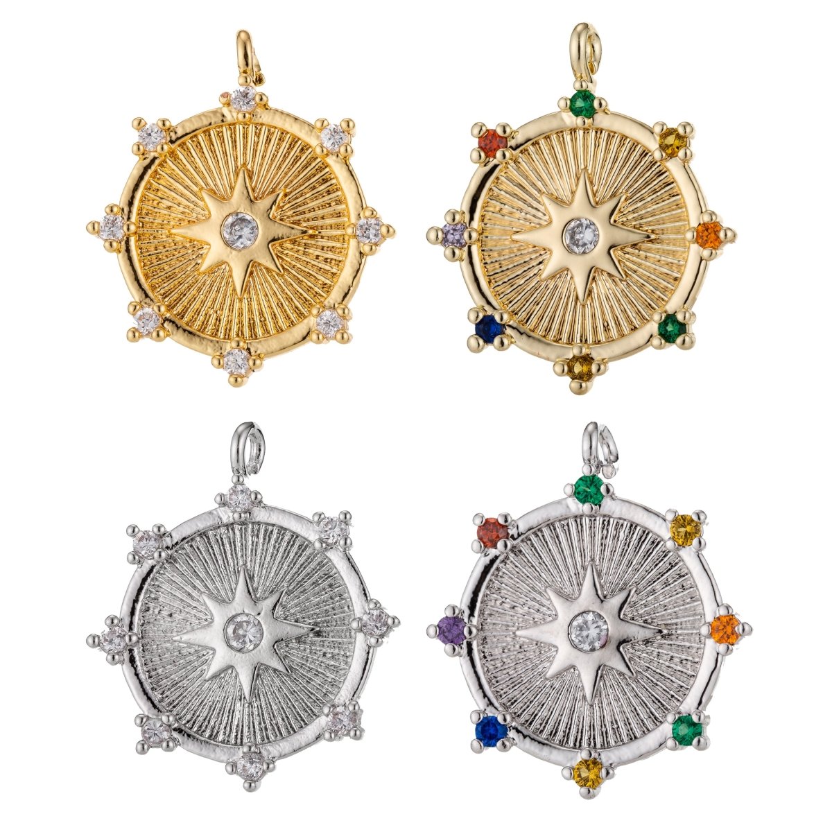 Gold Filled / Silver CZ Pave Starburst Cubic Zirconia Shooting Star North Star Coin Circle Disc Micro Pave Star Medallion Charm Pendant E-465 E-468