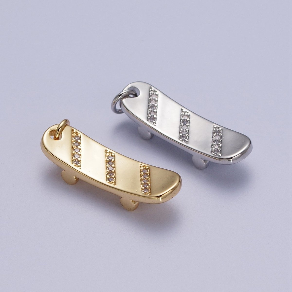 Gold Filled Skateboard Triple Micro Paved CZ Charm in Silver & Gold E-515 E-525